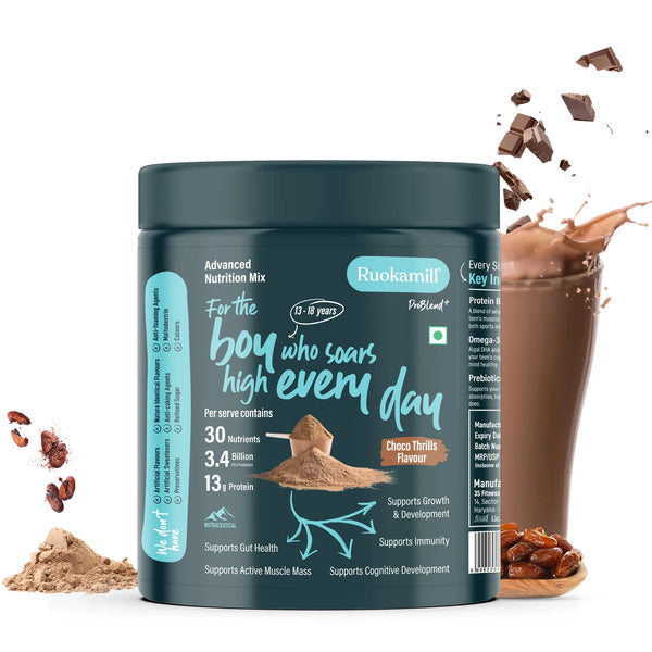 Teen Boys Nutrition Mix | Age 13-18y | 30 Nutrients, 13g Protein, Omega-3, 3.4B CFU Probiotics