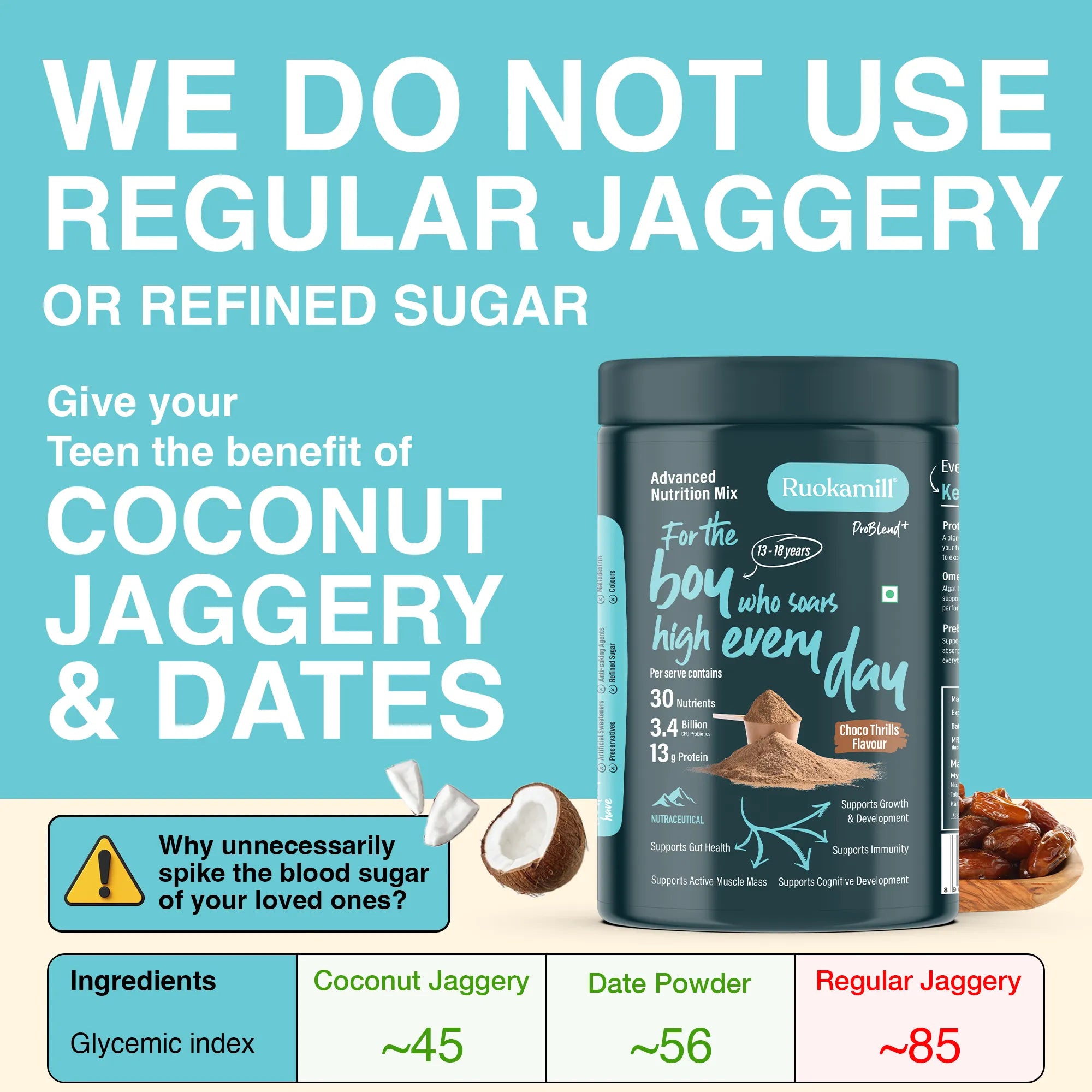 Teen Boys Nutrition Mix | Age 13-18y | 30 Nutrients, 13g Protein, Omega-3, 3.4B CFU Probiotics