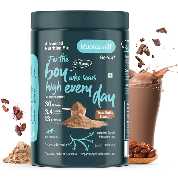 Teen Boys Nutrition Mix | Age 13-18y | 30 Nutrients, 13g Protein, Omega-3, 3.4B CFU Probiotics