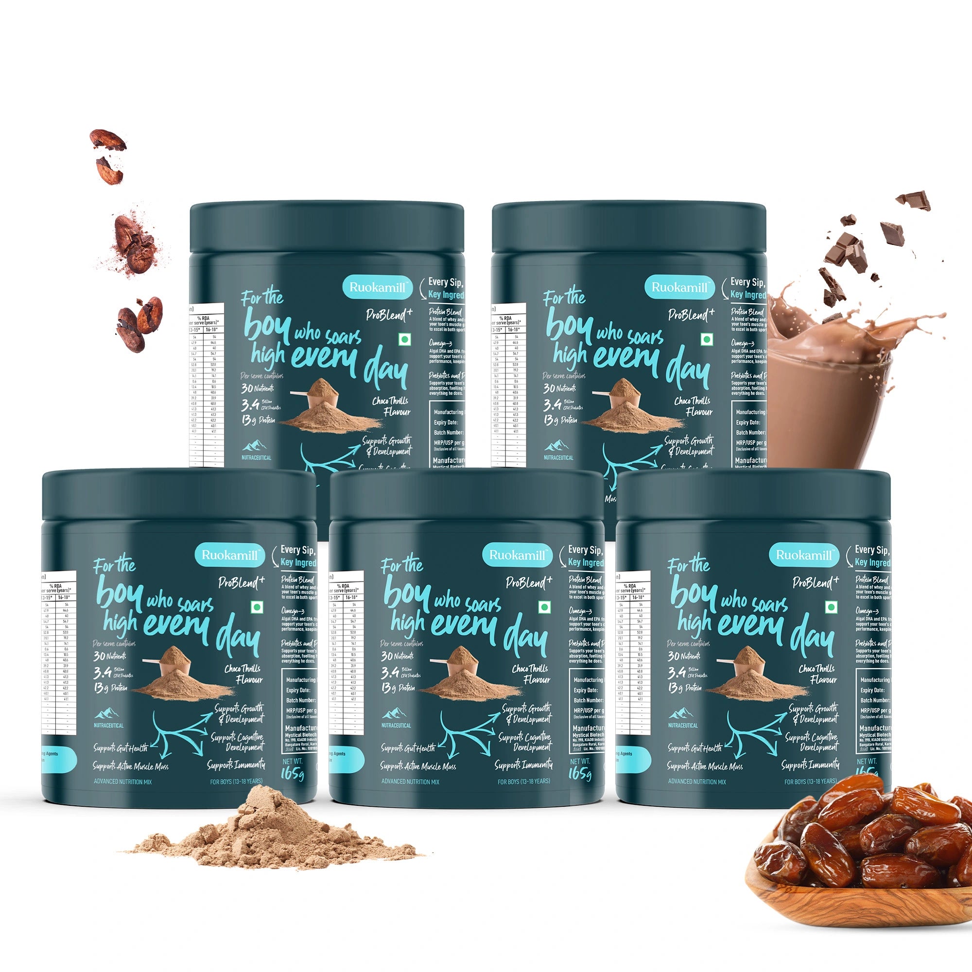 Teen Boys Nutrition Mix | Age 13-18y | 30 Nutrients, 13g Protein, Omega-3, 3.4B CFU Probiotics
