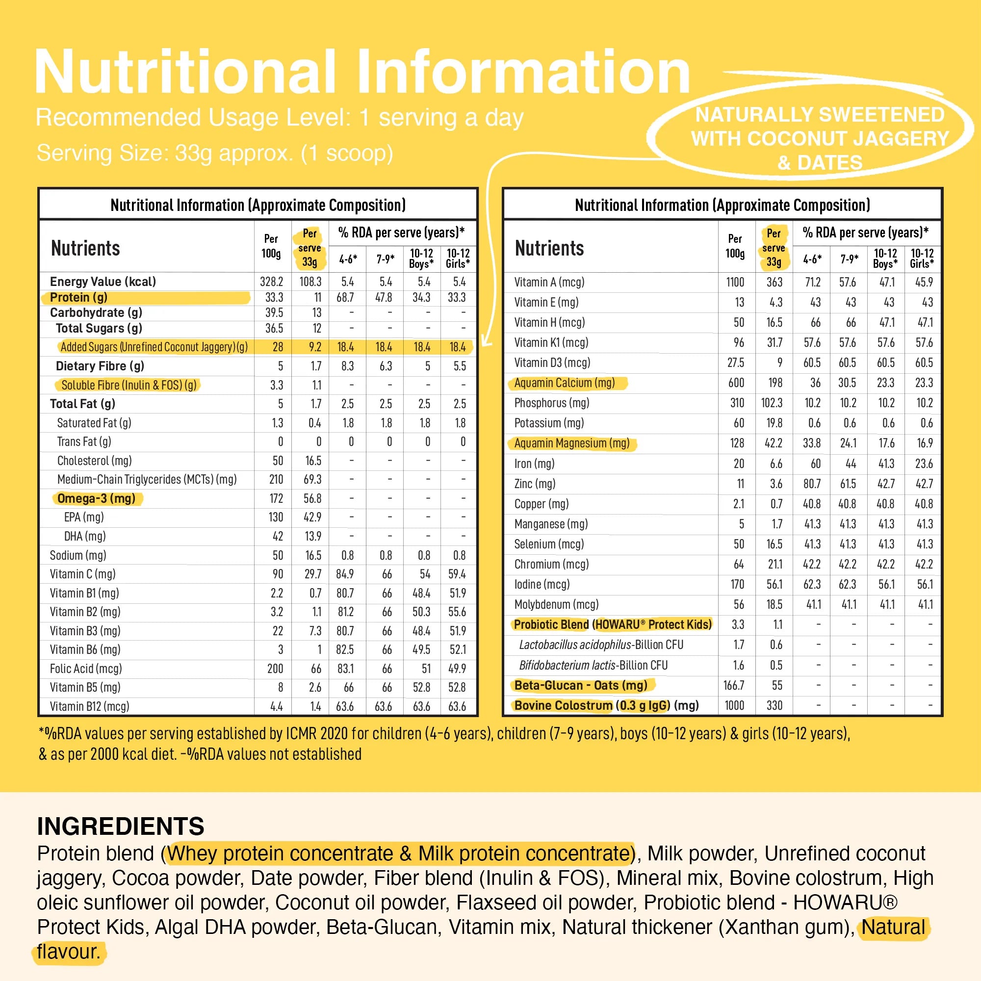 Kids Nutrition Mix | Age 4-12 | 30 Nutrients, 11g Protein, Omega-3, 1.1B CFU Probiotics